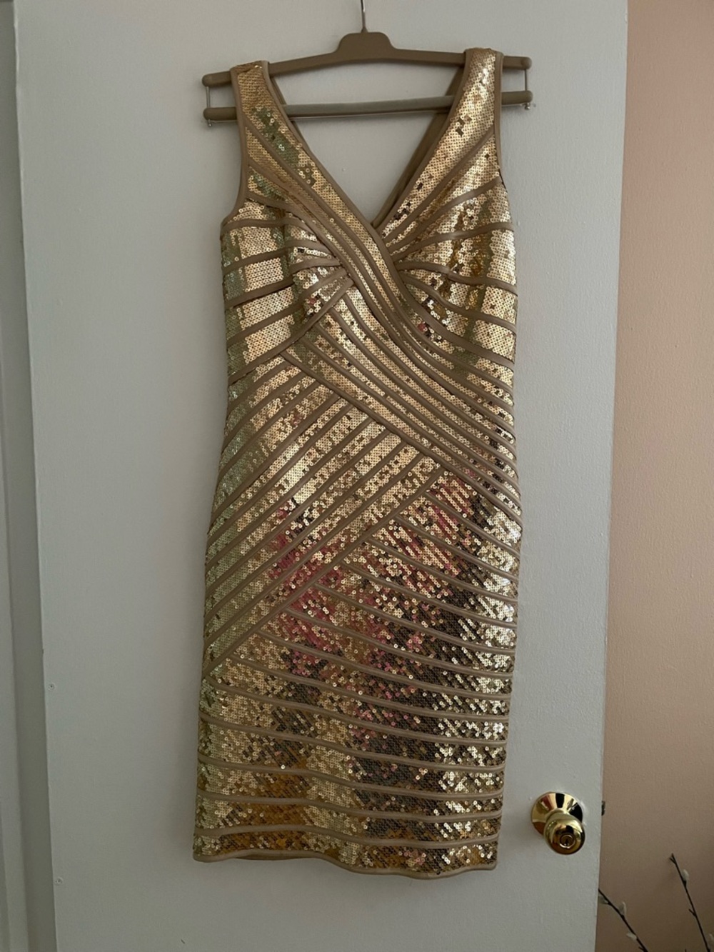 Tadashi Shoji Gold Sequin V-Neck Midi Dress